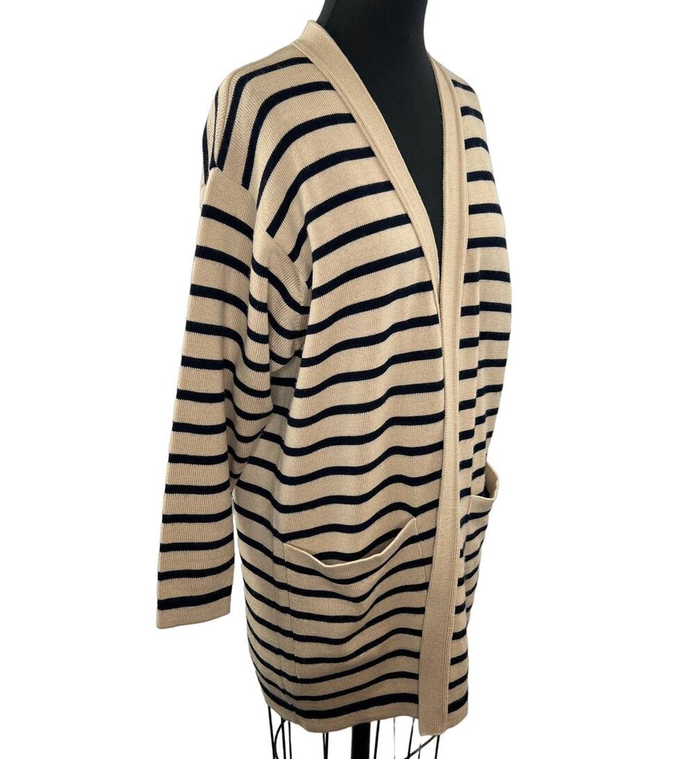 Rodier France Tan Black Stripe Long Sleeve Open Front Woven Cardigan Sweater